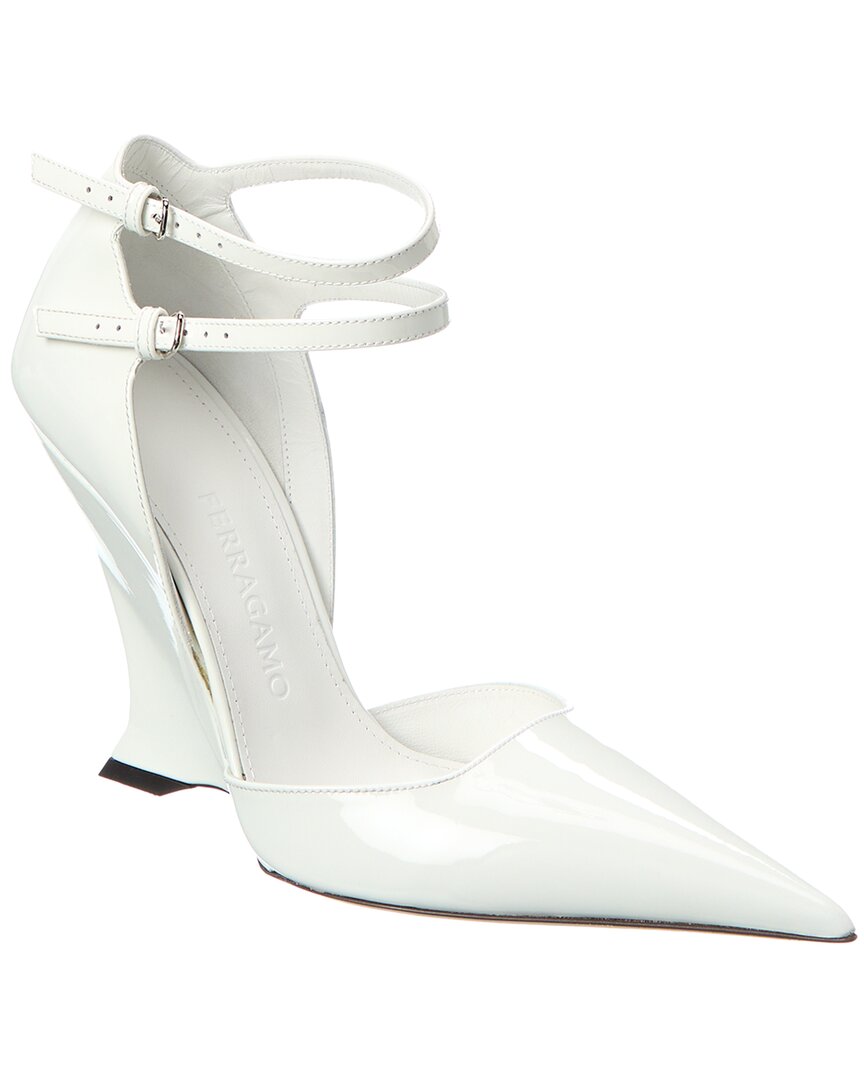 Ferragamo Vidette Womens Patent Leather Adjustable Wedge Sandals In White