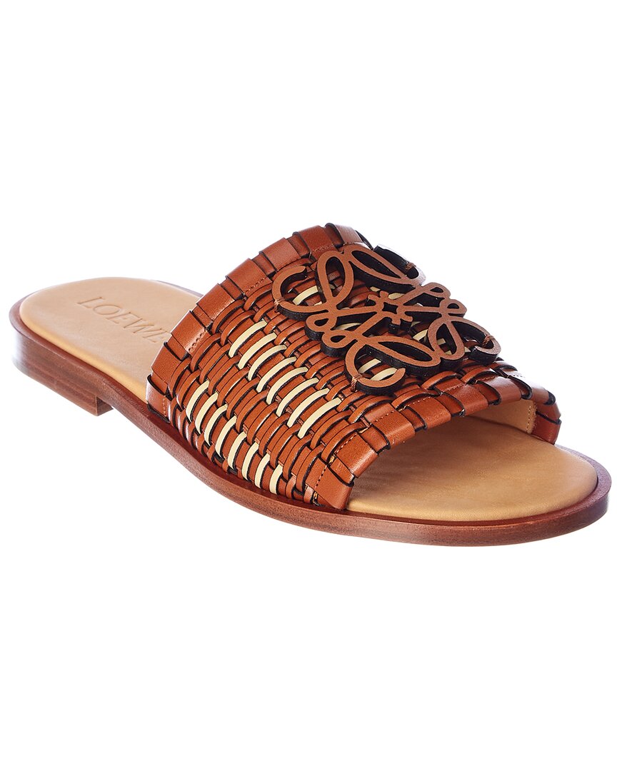 Loewe Anagram-logo Woven Leather Slides In Brown