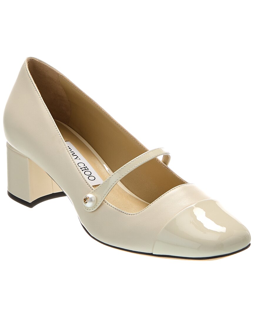 Jimmy Choo Elisa Woven Patent Mary Jane Ballerina Pumps In White
