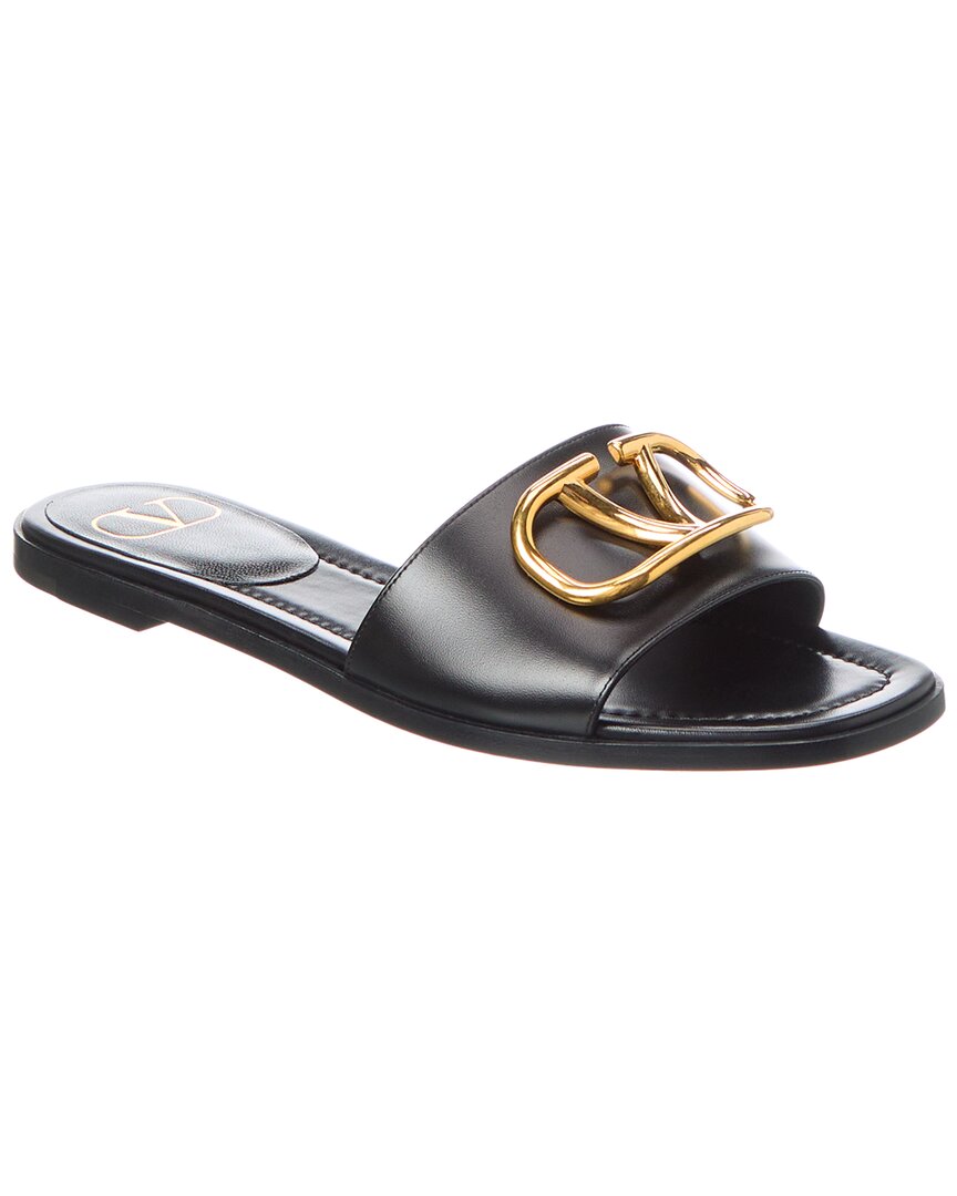 Valentino Garavani Vlogo Signature Slide Sandal In Grainy Cowhide With Accessory Woman Black 37.5 In Black
