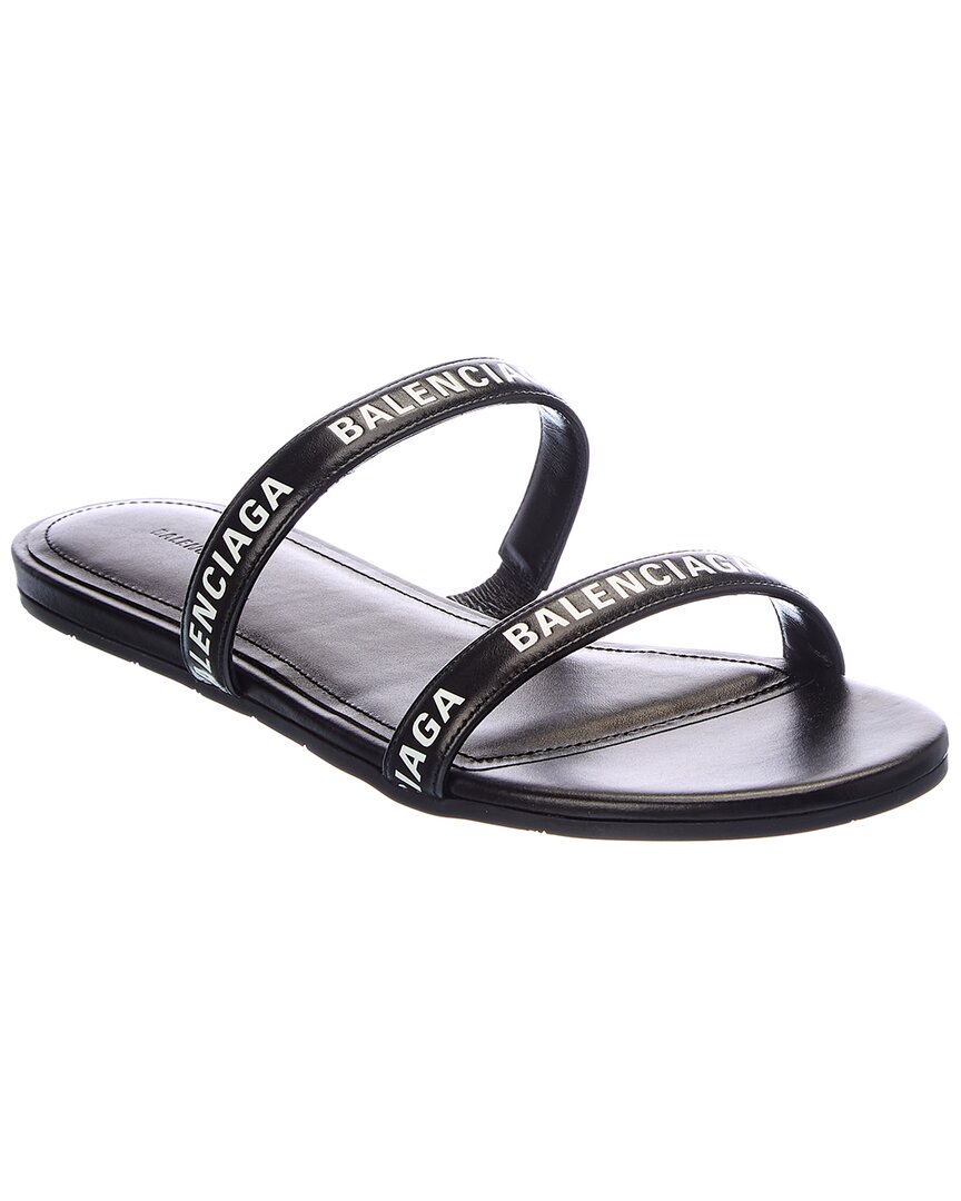 Balenciaga Logo Lettering Leather Flat Sandals In Black White