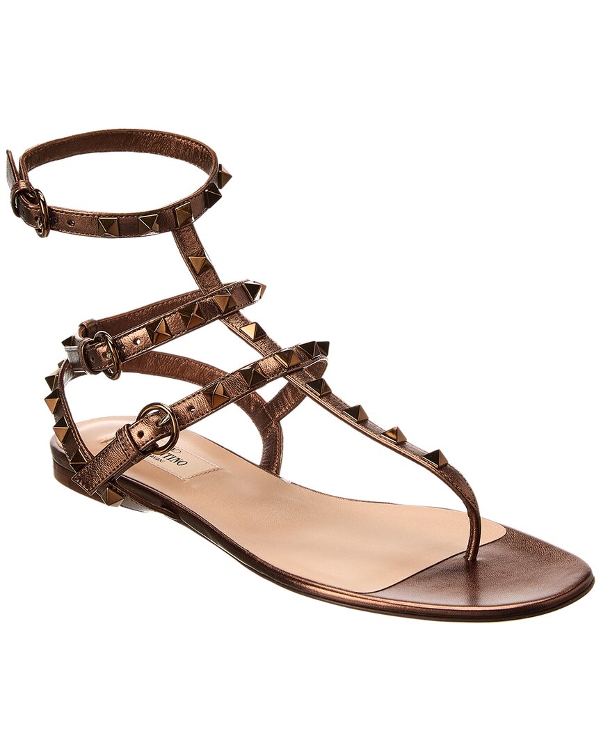 Valentino Rockstud Caged Leather Ankle Strap Sandal In Gold