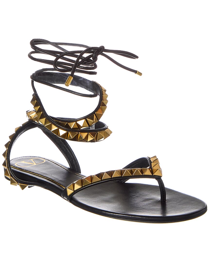 Valentino No Limit Rockstud Ankle-wrap Flat Sandals In Black