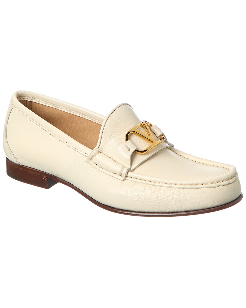 Valentino Ivory Leather Loafer With Golden Metal V Logo In White