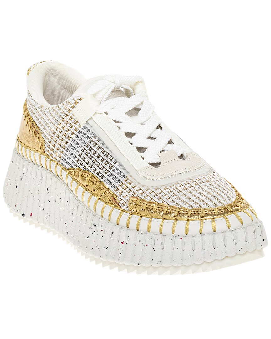 Chloé Nama Embroidered Metallic Leather And Mesh Sneakers In Beige