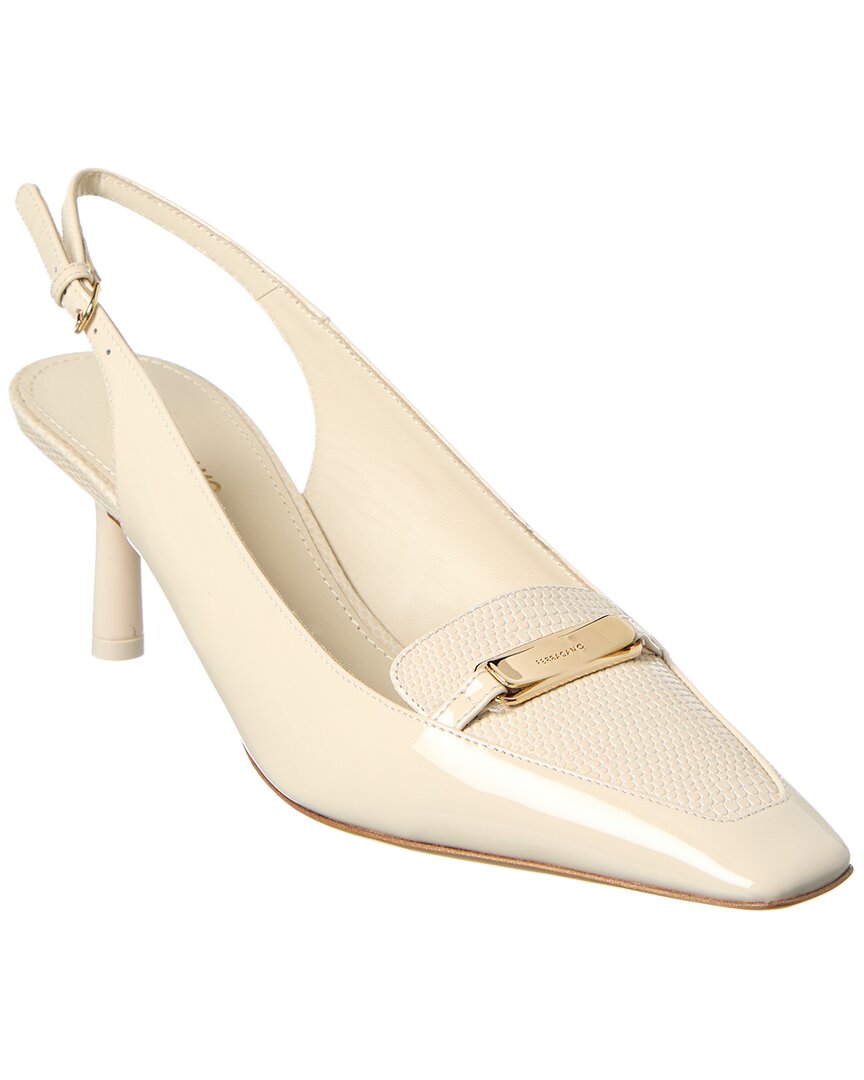 Ferragamo Patent Slingback Pump In White