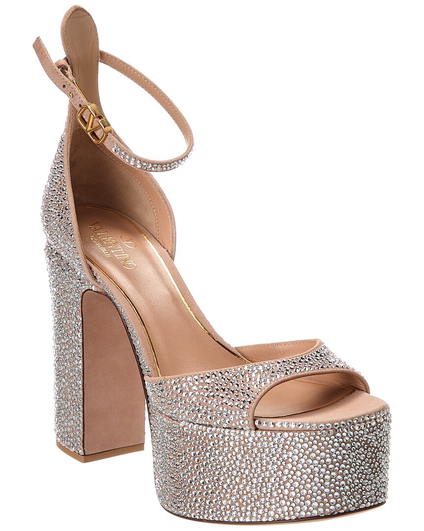 Valentino Tan-go 155 Suede & Crystal Platform Sandals In Pink
