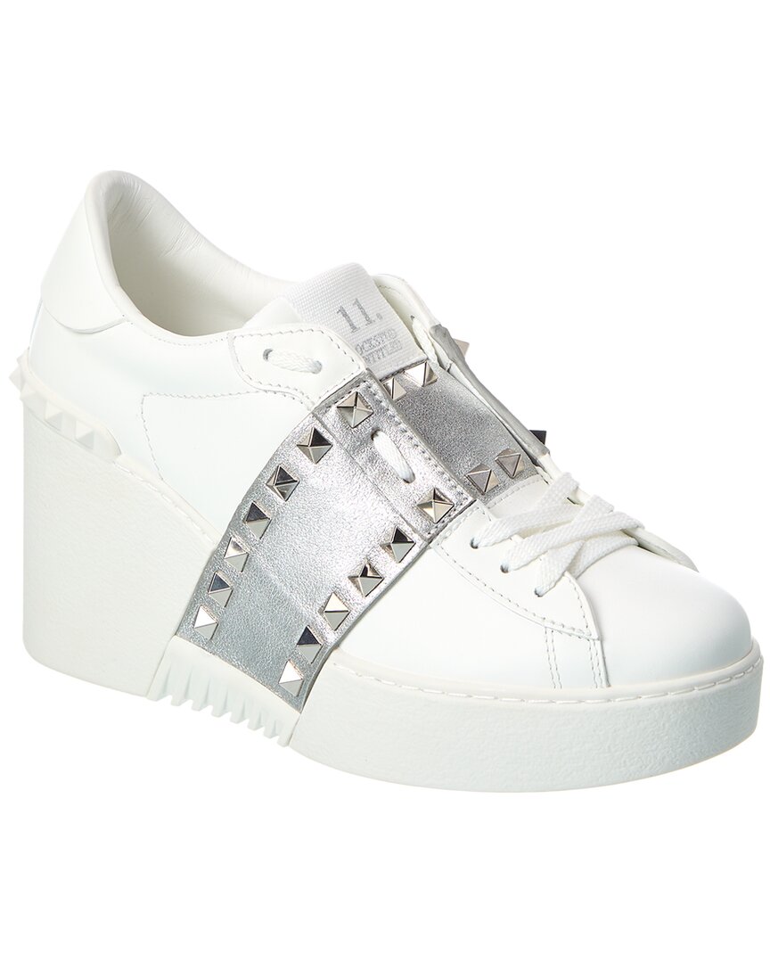 Valentino Open Disco Leather Wedge Sneaker In White