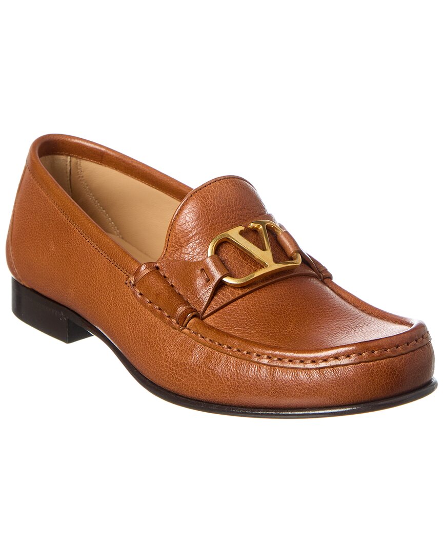 Valentino Vlogo Medallion Leather Loafers In Brown