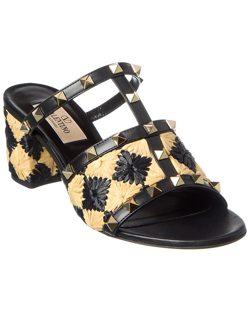 Valentino Rockstud 60 Straw & Leather Sandal In Black