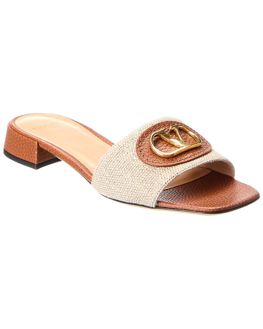 Valentino Vlogo Embellished Textured-leather And Canvas Slides In Brown