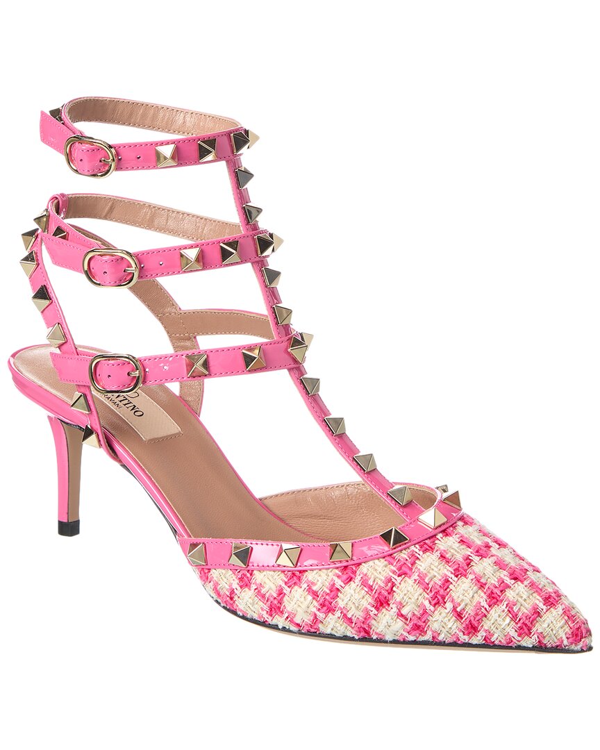 Shop Valentino Rockstud Caged 65 Tweed & Patent Ankle Strap Pump In Pink