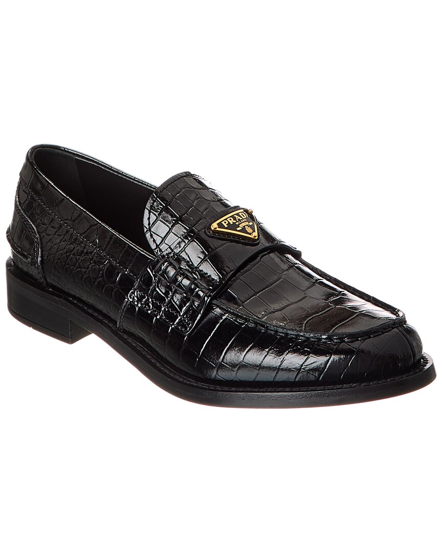 Prada Crocodile-embossed Leather Loafers In Black