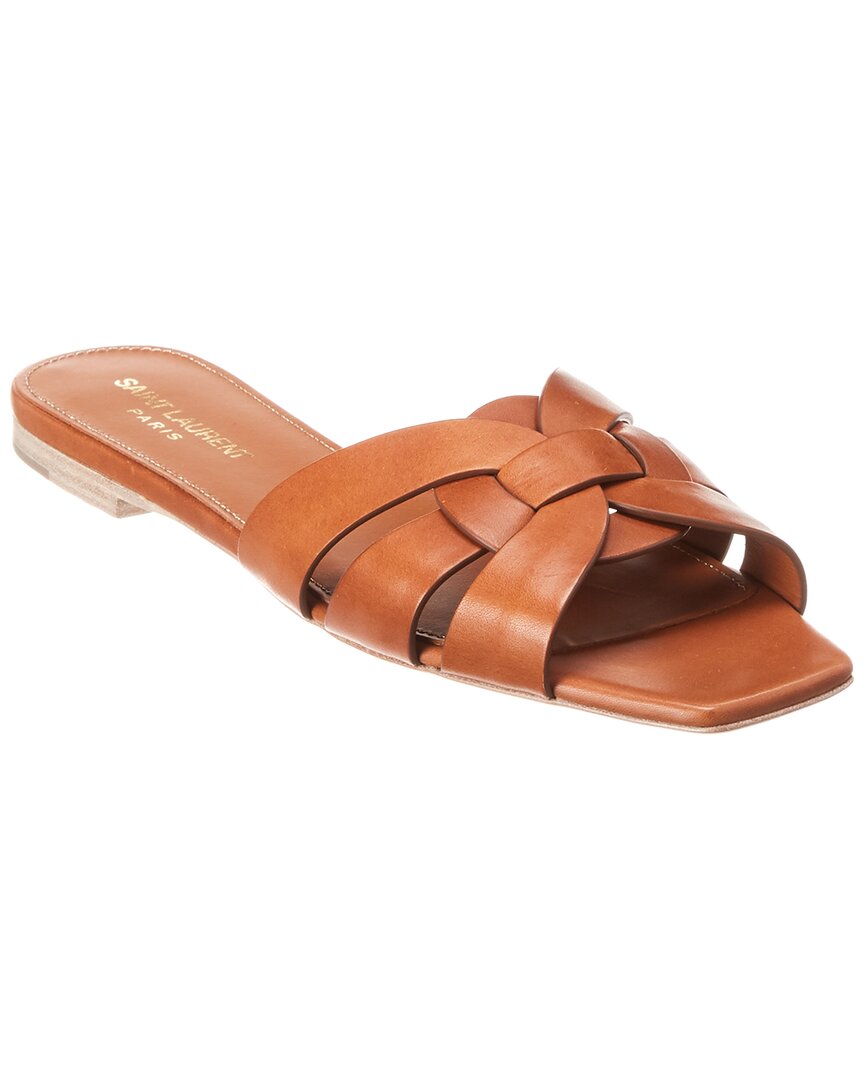 Saint Laurent Tribute Leather Flat Sandals In Brown