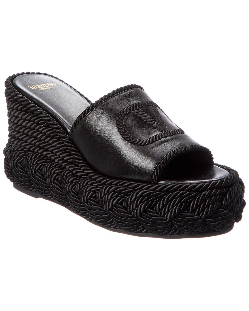 Valentino Vlogo Silk Torchon 100 Leather Wedge Sandal In Black