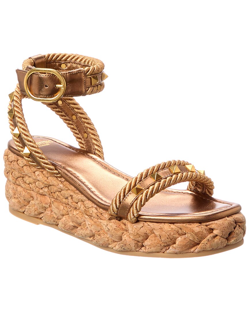 Valentino Studded Leather Cork Wedge Sandals In Gold
