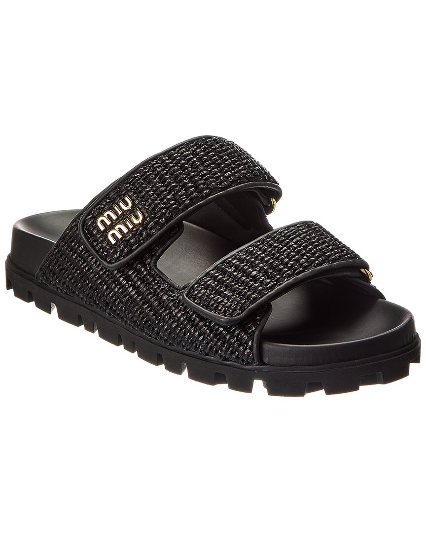 Miu Miu Logo Straw & Leather Sandal