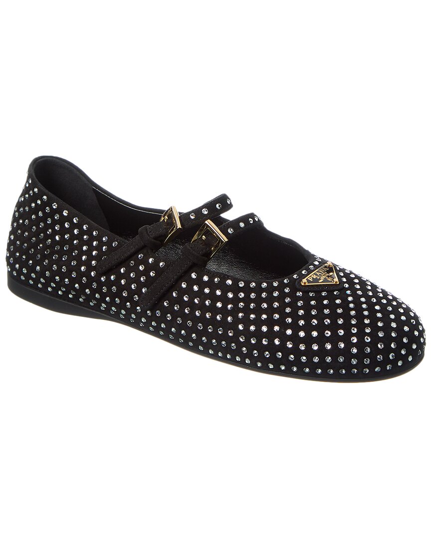 Prada Crystal Saffiano Dual Mary Jane Ballerina Flats In Black