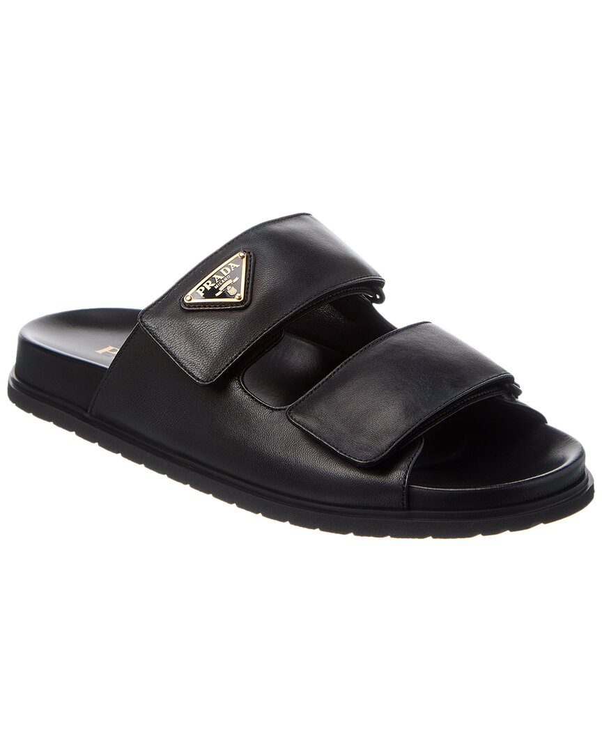 Prada Nappa Leather Slippers Metal Logo In Black