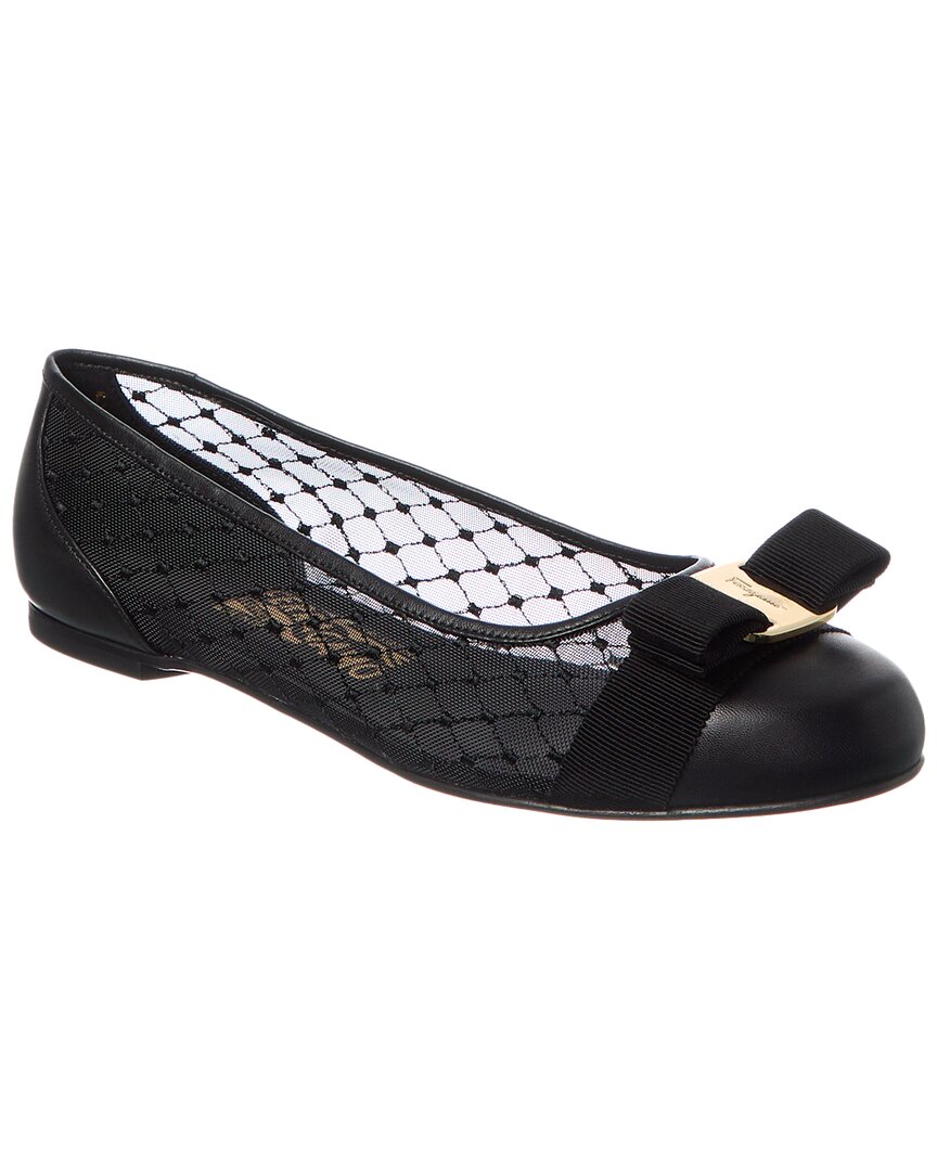 Ferragamo Varina Mesh Leather Ballet Flats In Black