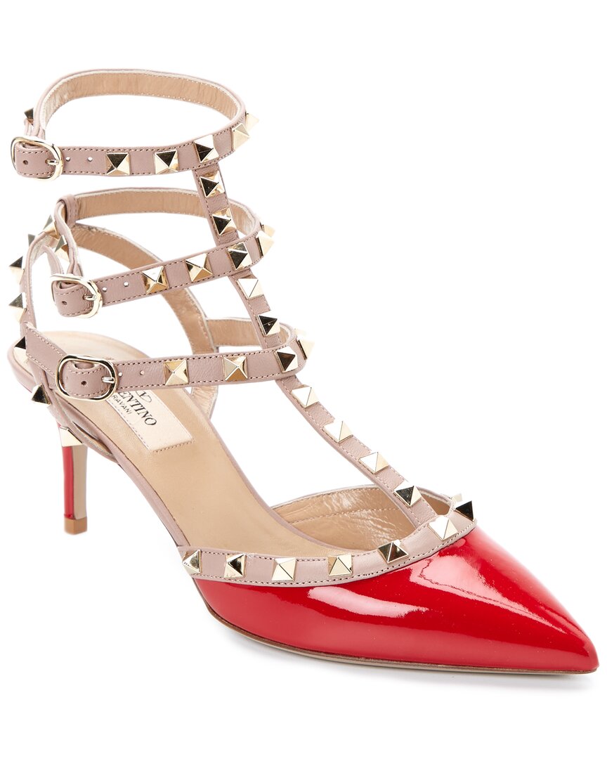 Valentino Rockstud Caged 65 Patent Ankle Strap Pump In Red
