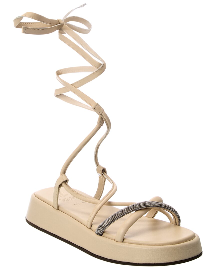 Shop Brunello Cucinelli Ankle Wrap Leather Platform Sandal In Beige
