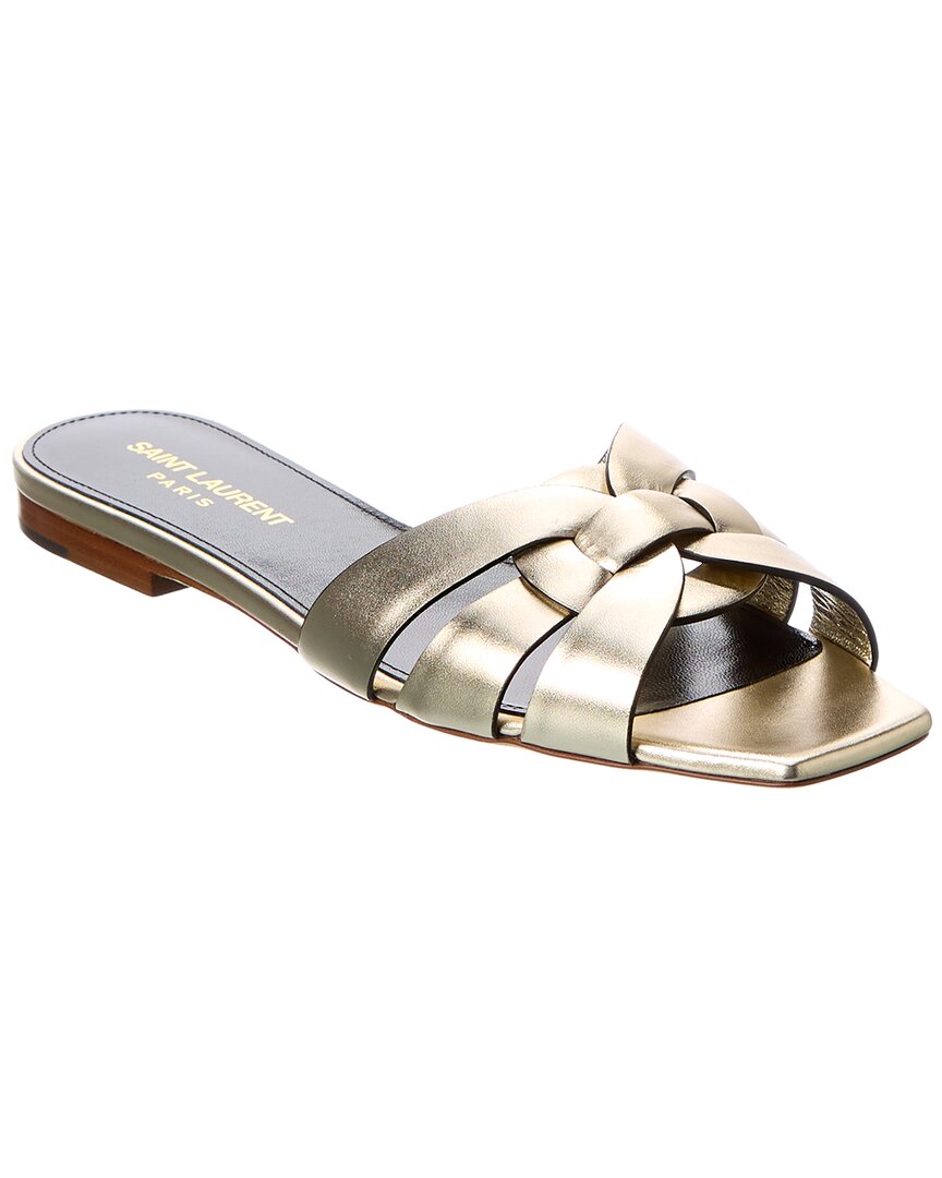 Saint Laurent Tribute Nu Pieds Metallic-leather Slides In Gold