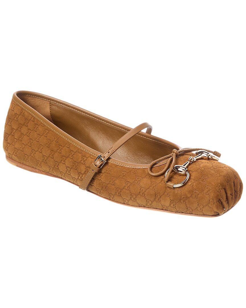 Gucci Beige Ballet Shoes With Horsebit And Bow Detail In Gg Canvas Woman