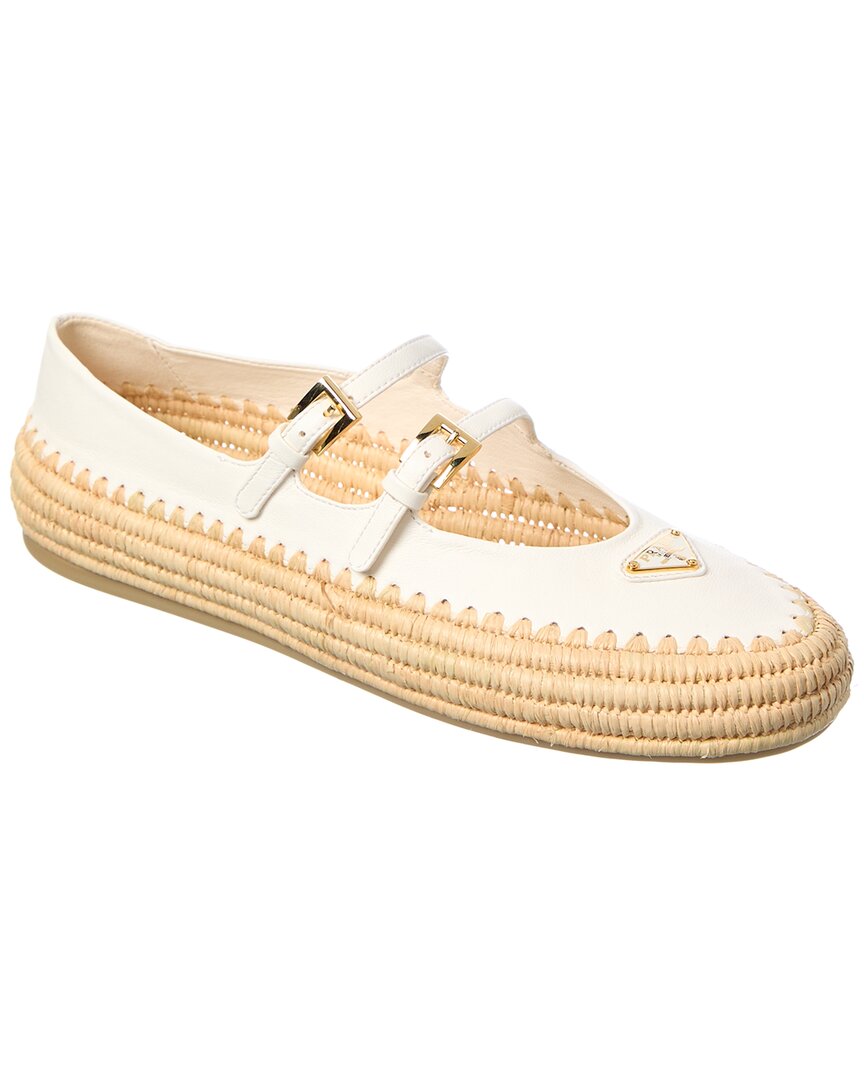 Prada Logo Leather & Raffia Ballet Flat