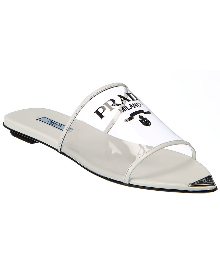 Prada Logo Vinyl & Leather Pointy-toe Sandal In White | ModeSens