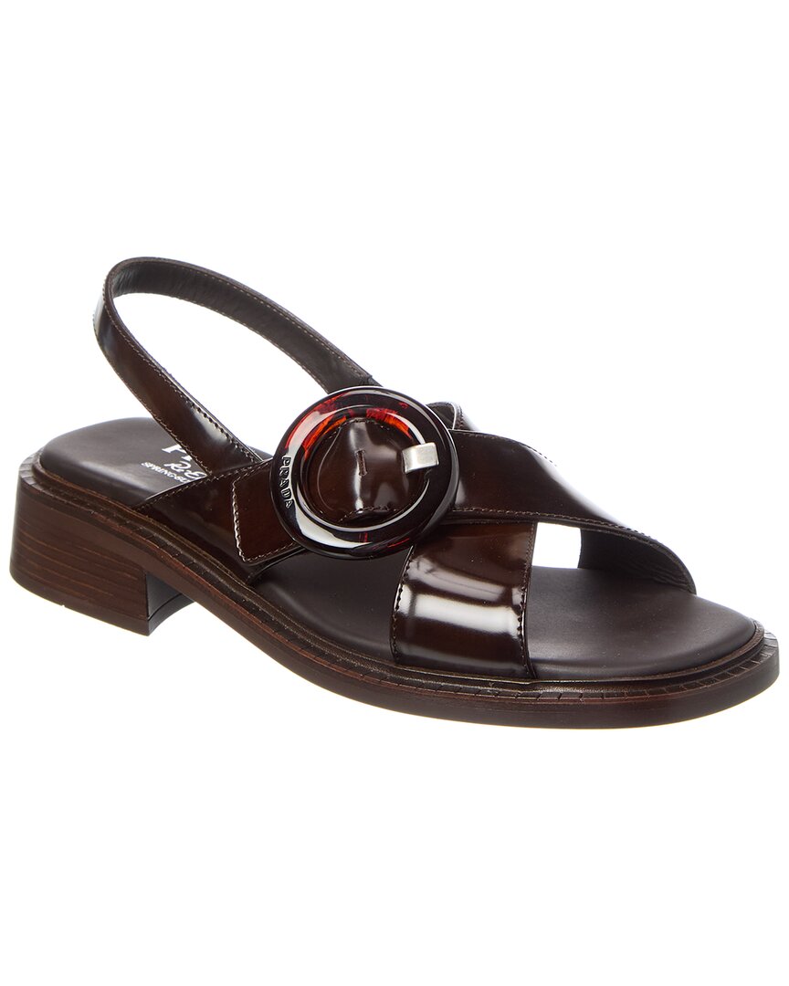 Prada Heel Buckle Glossy Open Toe Sandals In Brown