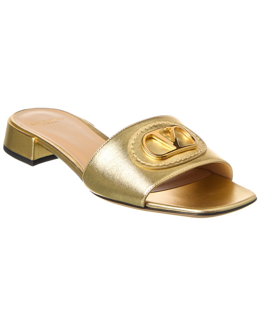 Valentino Gold Laminated Leather Vlogo Signature Slide Sandals