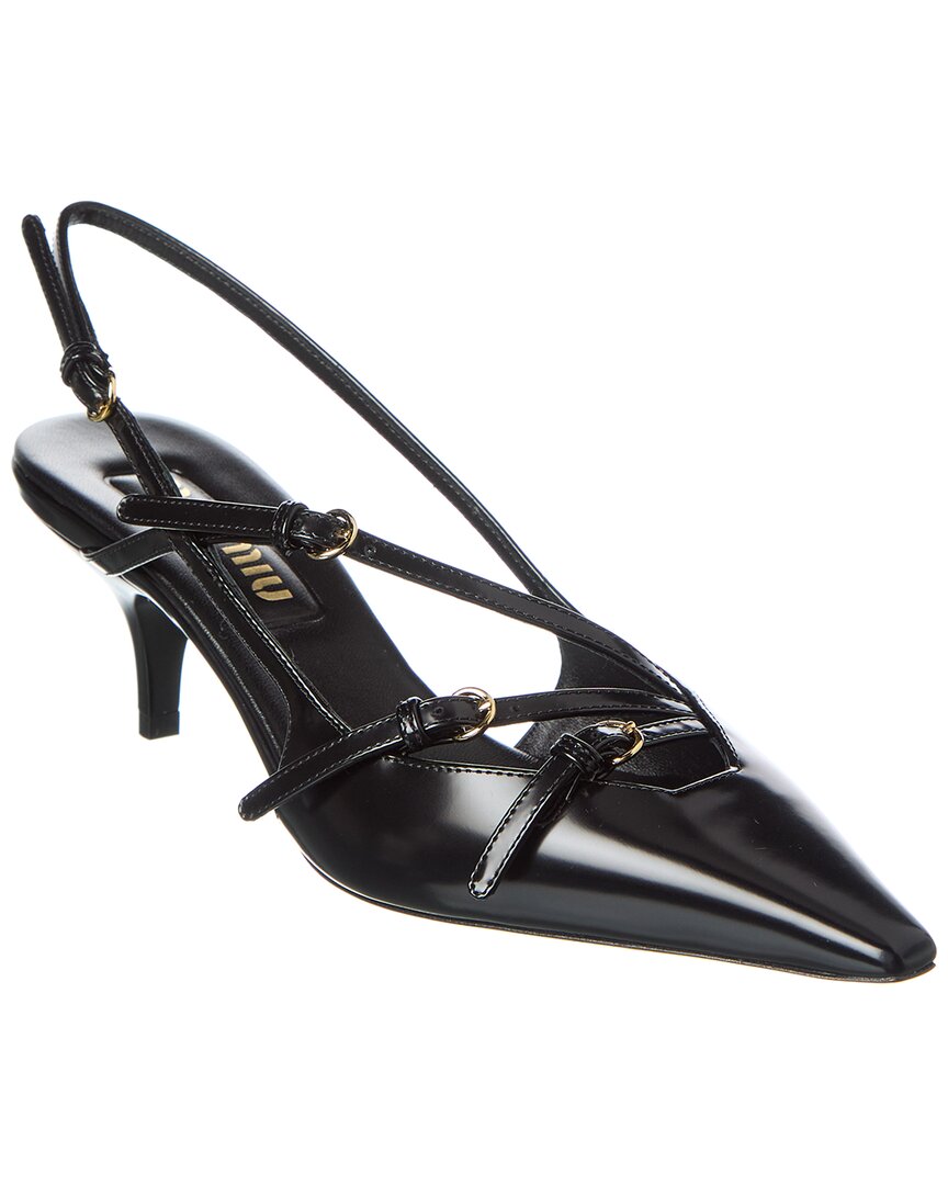 Miu Miu Logo Brushed Leather Slingback Pump In Black
