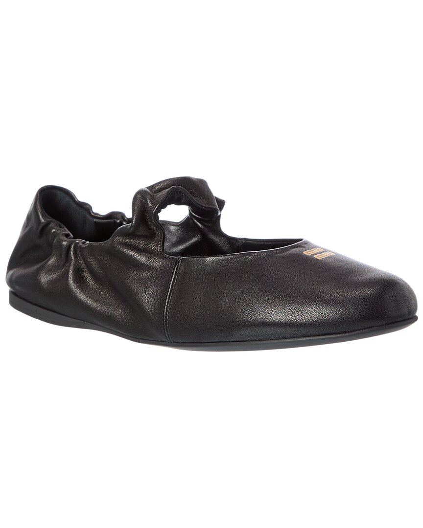 Miu Miu Ruches Leather Ballerina Flat In Black