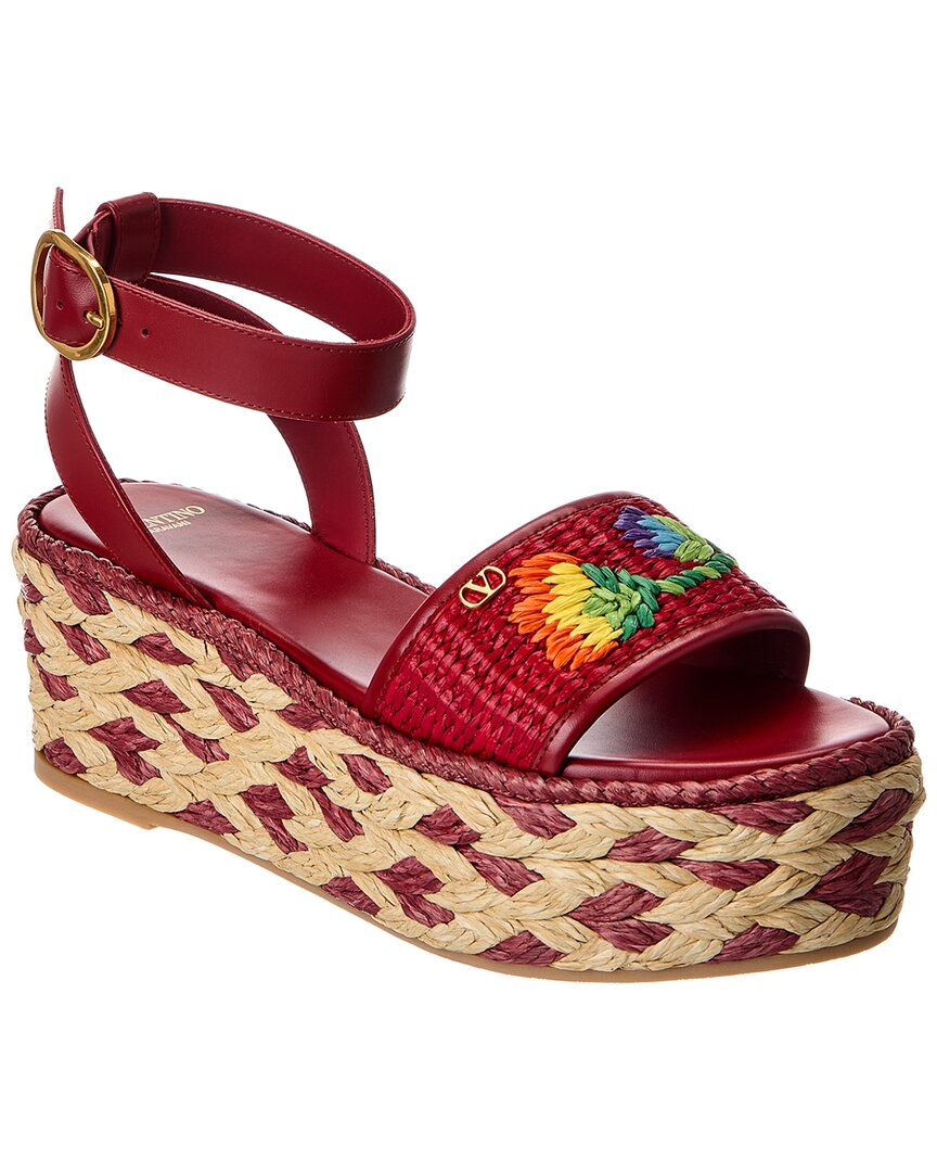 Valentino Straw & Leather 50 Platform Sandal In Red