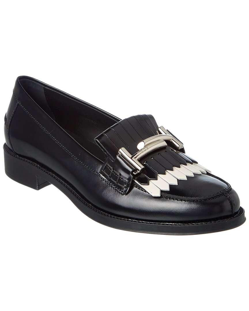 Tod's Gommino Fringe Double T Loafers In Black Leather In Black