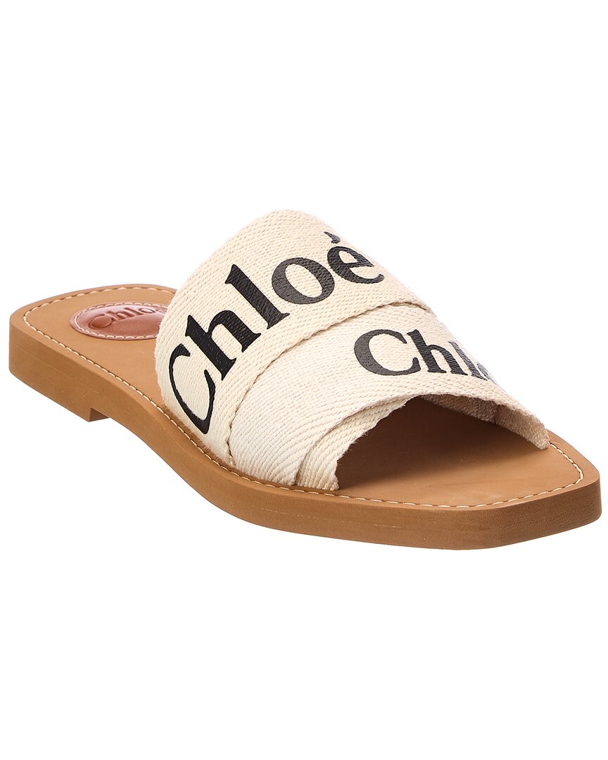 Shop Chloé Chloe Woody Logo Linen Slides In White