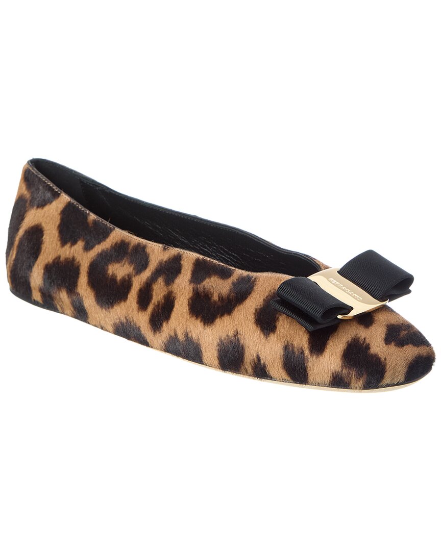 Ferragamo Animal Print Bow Detail Flat Sole Ballerina In Brown