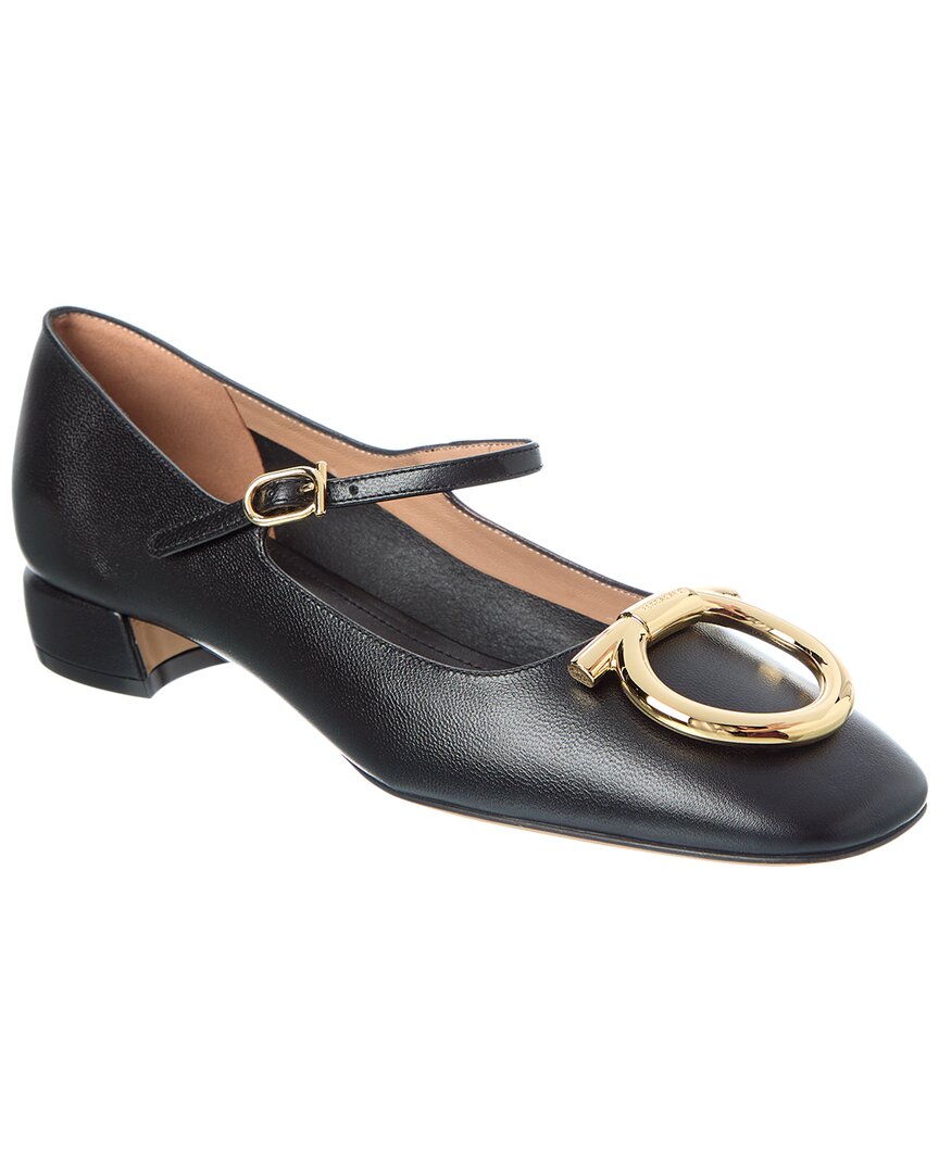 Ferragamo Buckle Strap Leather Ballerina Shoes In Black