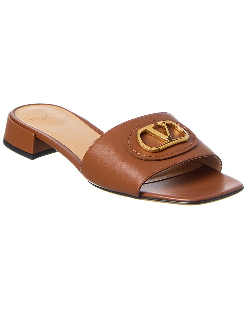 Valentino Logo Signature Leather Slides In Brown