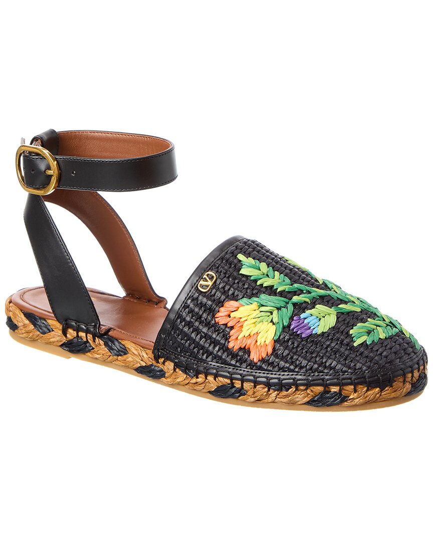 Valentino Garavani Valentino Straw & Leather Espadrille In Black