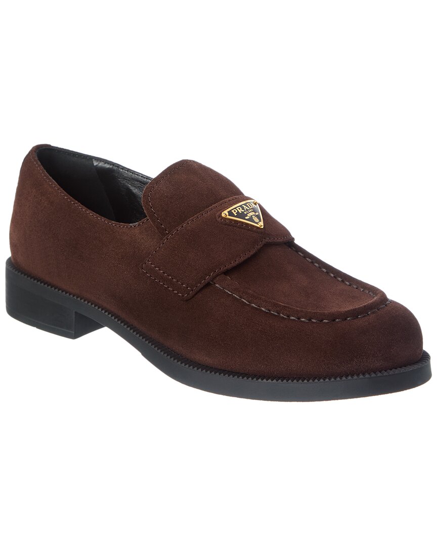 Prada Logo Suede Loafer In Brown