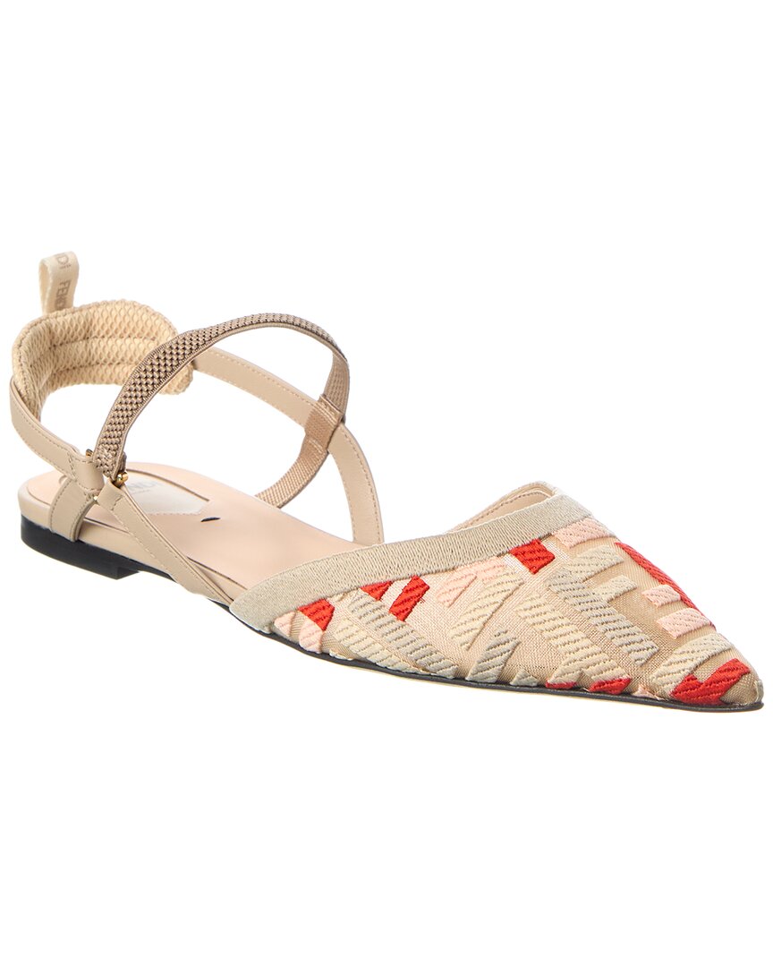 Fendi Dnu Inv Colibri Lite Mesh & Leather Slingback Flat In Neutral