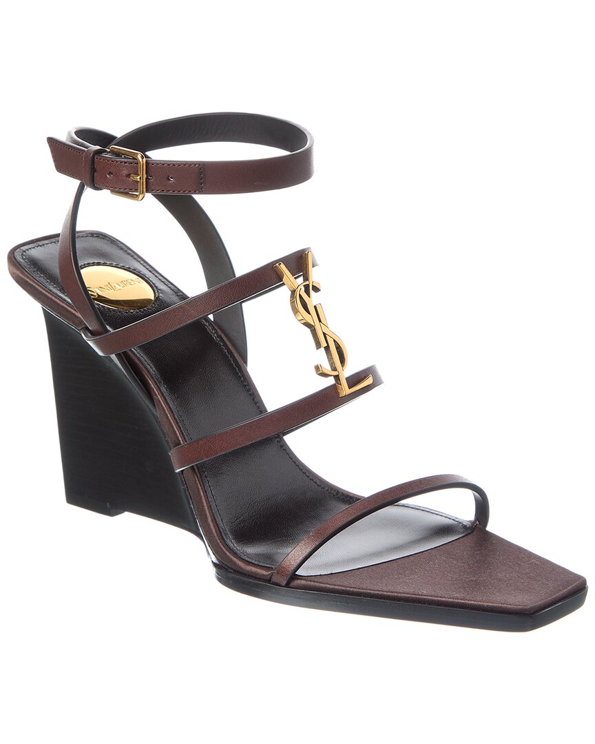 Saint Laurent Cassandra 90 Leather Wedge Sandal In Burgundy