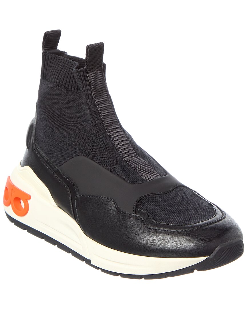Ferragamo Cosma Gancini Leather Sock Sneaker In Black