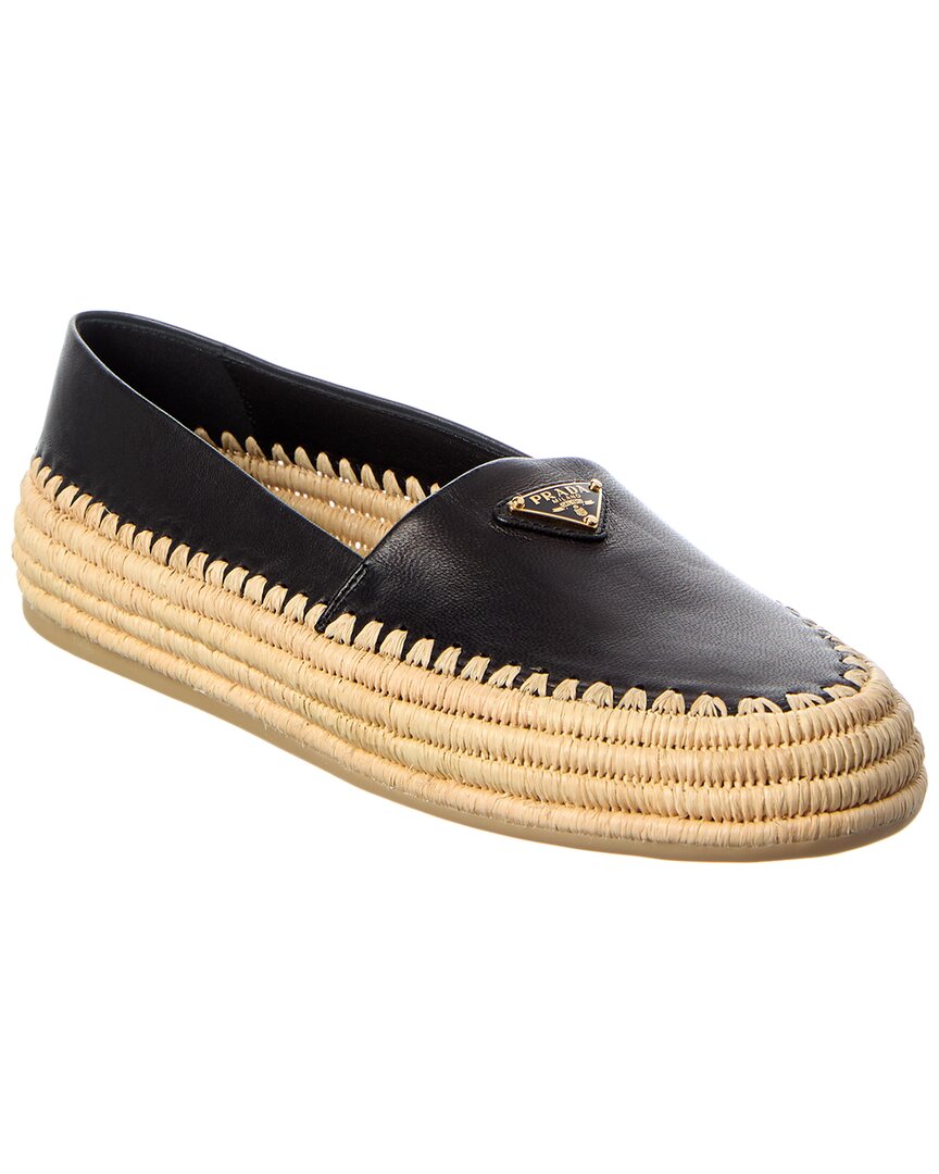 Prada Logo Leather Espadrille In Black