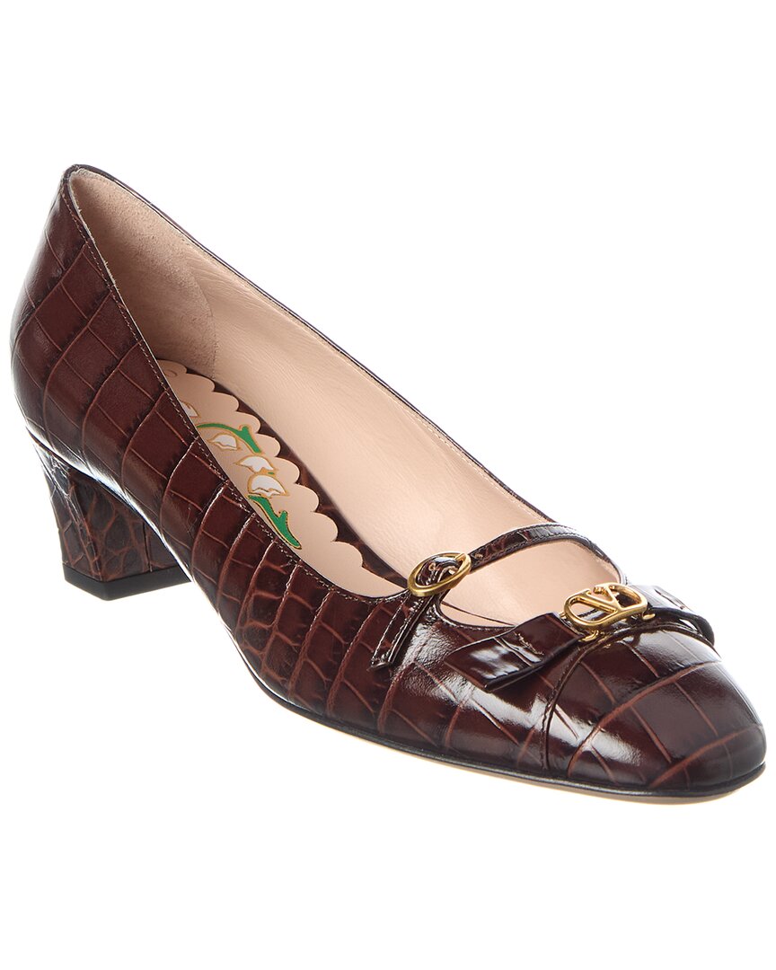 Valentino Bowow 45 Croc-embossed Leather Pump In Brown