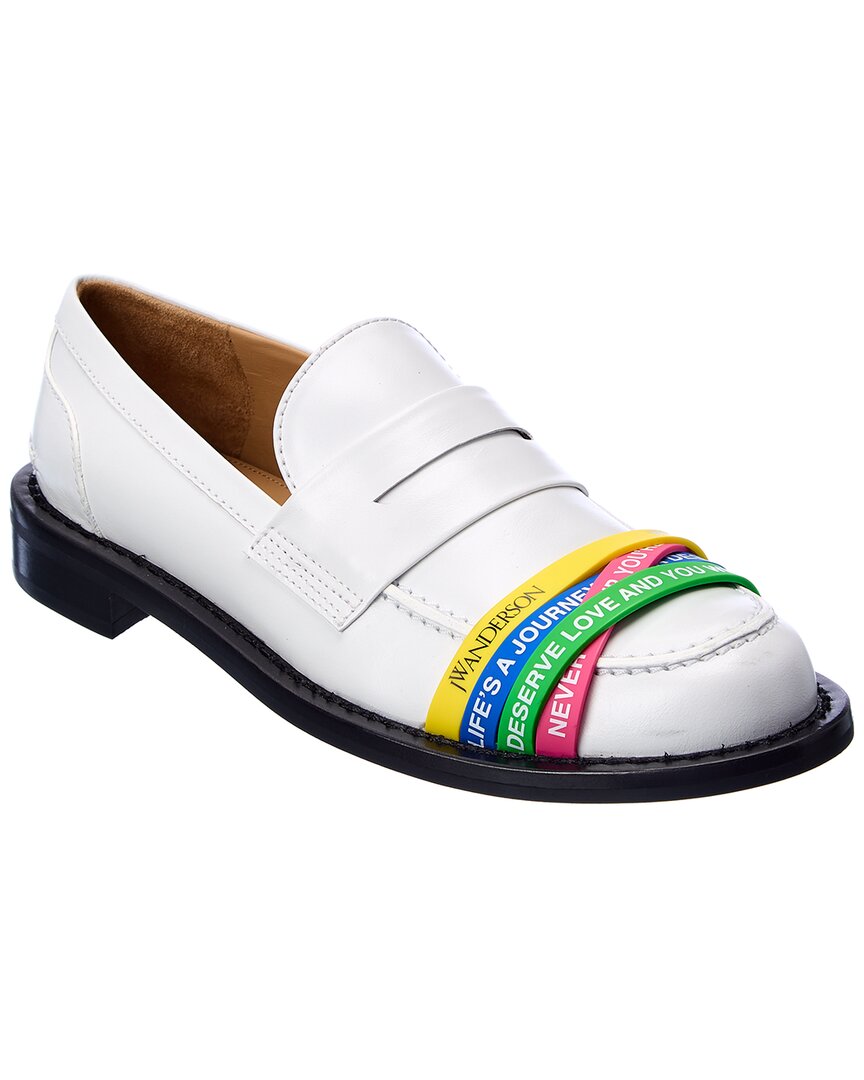 Shop Jw Anderson Elastic Straps Leather Loafer In White