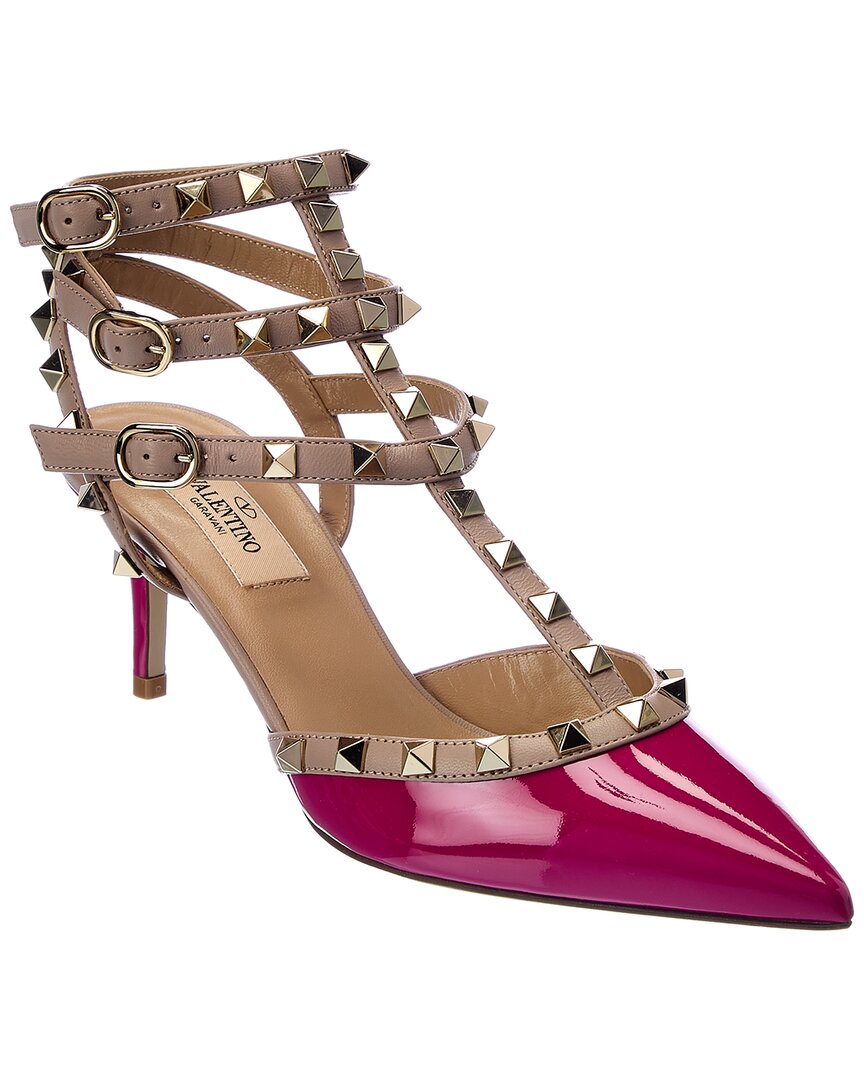 Valentino Rockstud Caged 65 Patent Ankle Strap Pump In Pink