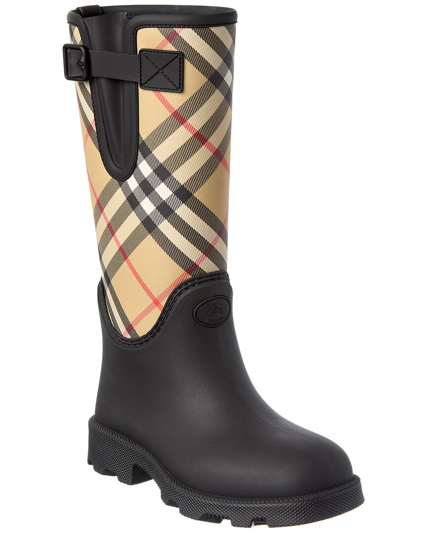 Burberry Woven Check Rain Boots With Adjustable Buckle And Equestrian Design In Black